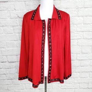 Exclusively Misook Red Jacket Black Grosgrain Ribbon Silver Grommet Trim Size XS